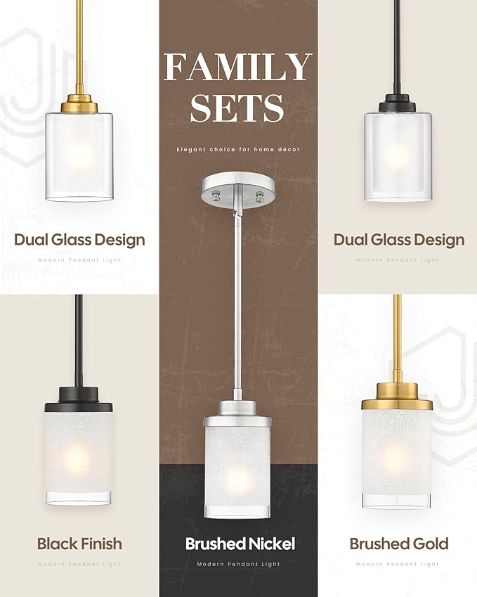 TENGXIN Modern Pendant Light for Kitchen Island, Brushed Nickel Hanging Ceiling Light Fixture,Farmhouse Pendant Lighting for Dining Room Bedroom Bar Office 2Pack,TXPLBN01-2PK