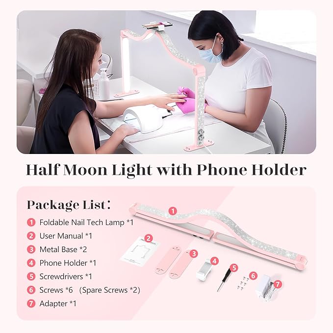 Yokilly Arc Half Moon Light: 34" Shadow-Free Half Moon Light for Desk Salon - Foldable LED Desk Lamp with Stepless Brightness for Manicurist (Pink)
