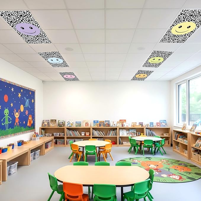 Wiooffen 8 Pcs Smile Face Fluorescent Light Cover with 80 Magnets Decorative for Classroom Ceiling Light 4x2 Feet Magnetic Filter Easy Install for Office Hospitals Drop Ceiling Supplies (Pastel Color)