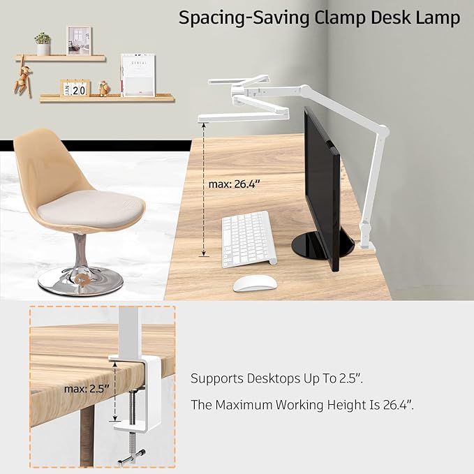 EPABINA LED Desk Lamp for Home Office, 41.5" White Clip on Architect Desk Lamp with Clamp, 24W Adjustable Dimmable Bright Swing Arm Eye Care LED Table Light Clamp on Office Lighting