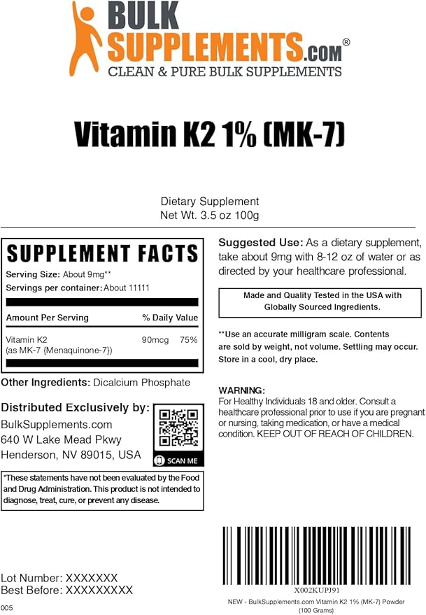 Poudre de vitamine K2 de BulkSupplements.com - Vitamine K2 MK-7, en poudre de ménaquinone - Supplément de vitamine K2 pour le bien-être, sans gluten, 9 mg par portion, 100 g (3,5 oz) (Lot de 1)