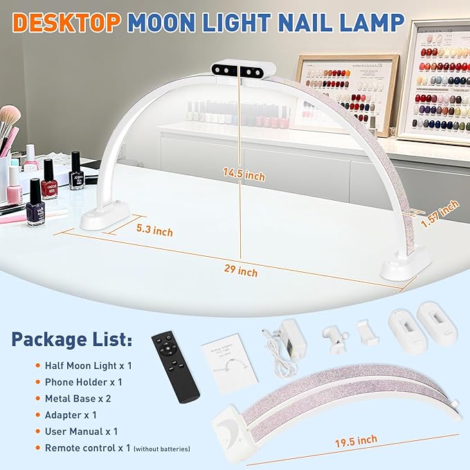 KIRKAS 29in Half Moon Light for Nail Desk with Phone Holder, Nail Desk Lamp Adjustable Color Brightness, Arch Nail Tech Light with Display Screen for Manicure, Craft, Esthetician (Diamond,White Large)