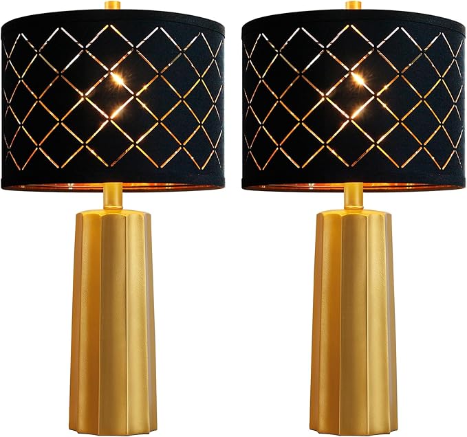 Set of 2 Modern Table Lamps for Living Room Bedroom, Gold Nightstand Resin Lamps with Black Grid Shade, Contemporary Desk Lamps for Bedside End Tables, 2 Bulbs Included (Gold)