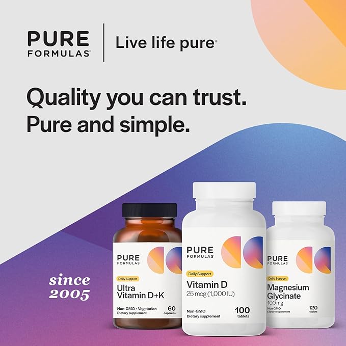 PureFormulas ビタミンD3 1,000IU 25mcg - 健康な骨形成、歯、心臓血管の健康、免疫サポートのためのプレミアムビタミンDサプリメント 非遺伝子組み換え - 100粒タブレット