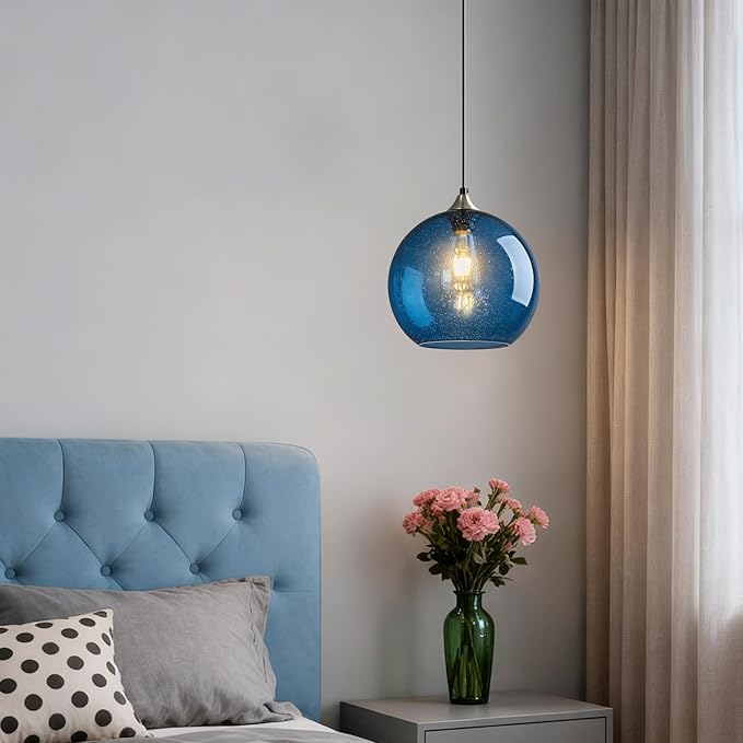 Mikeru Glass Globe Pendant Light Single, 5.9 Inch Blue Bubble Glass Hanging Lamp, Mid Century Modern Pendant Lighting for Kitchen Island Dining Room Bedroom (Bulb Not Included)