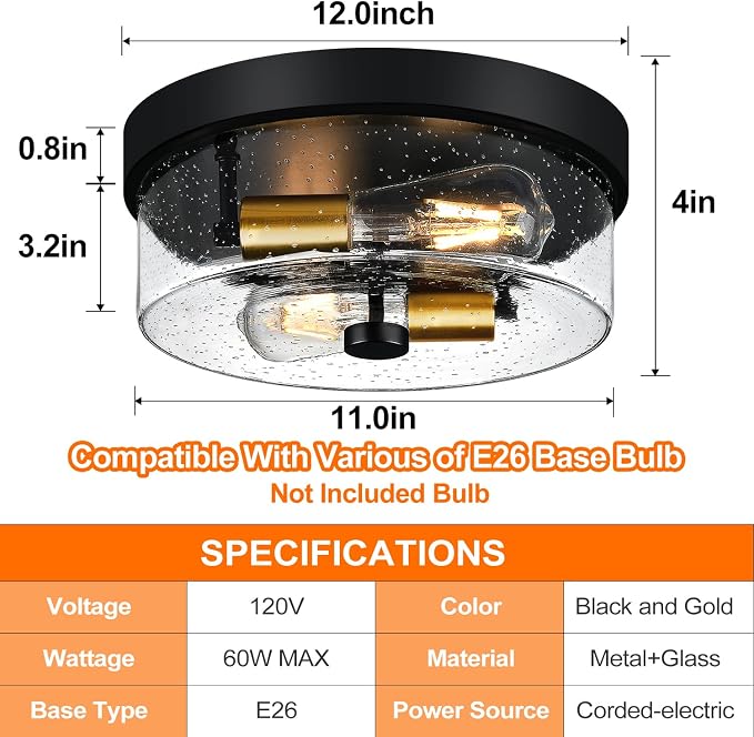 Flush Mount Ceiling Light Fixtures, 2-Light Black and Gold Ceiling Mount for Farmhouse with Seeded Glass Lampshade, Industrial Flush Mount Light Fixture for Hallway, Kitchen, Entryway and Foyer