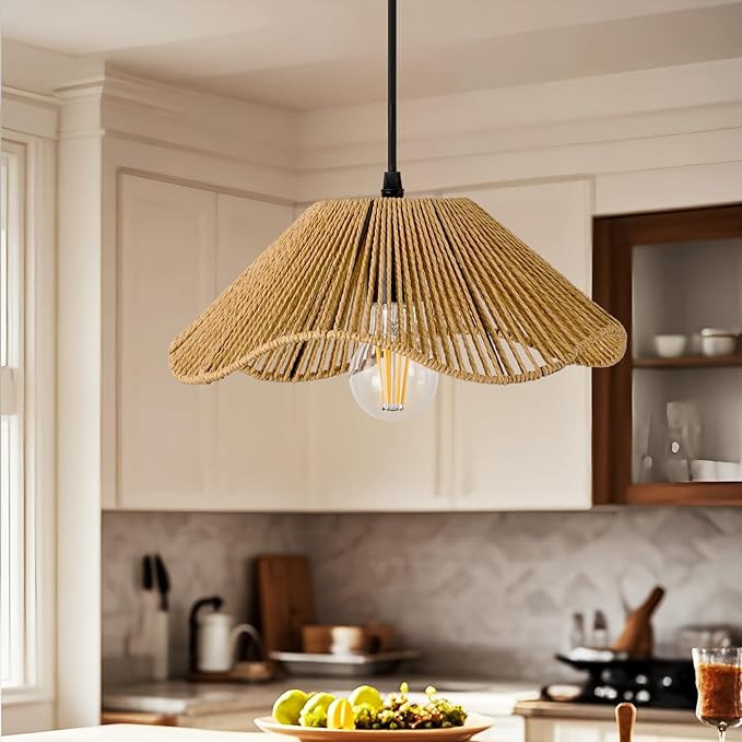 Hard Wired Rattan Pendant Lights Set of 2,Kitchen Island Pendant Lights with 12” Flower Shade,Boho Handwoven Paper Rope Rattan Ceiling Light for Living Room Dining Room Restaurant Foryer