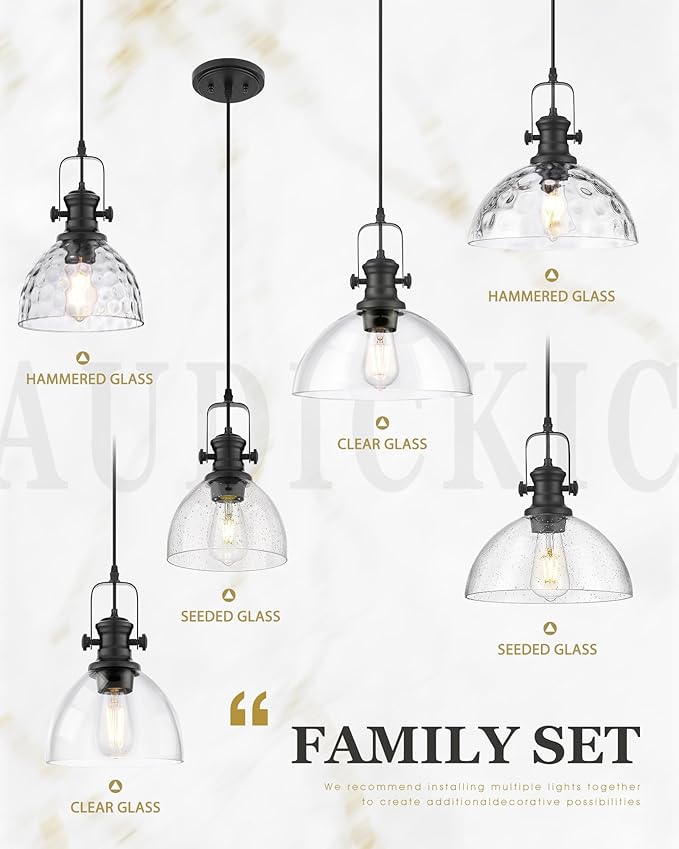 2-Pack Pendant Lights Kitchen Island, 7.5" Farmhouse Black Pendant Lighting with Clear Glass Shade, Vintage Hanging Light Fixtures for Dining Room Entryway, Adjustable Cord, AD-22151-1P2-BK-C