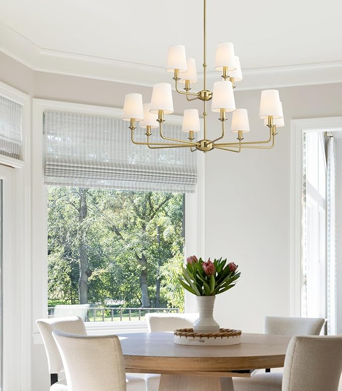 12-Light Brushed Gold Chandelier, E12 Bulb Compatible, White Fabric Shades, Adjustable Rod, Farmhouse & Industrial Style Ceiling Light for Living Room Dining Room Bedroom