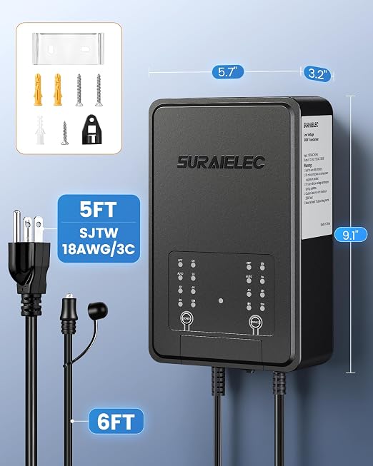 SURAIELEC 300W Low Voltage Landscape Transformer, 2 Independent Zones, Outdoor Waterproof Landscape Lighting Transformer with Timer & Photocell Sensor, 120V to 12/15V AC, Quick-Clamp Terminal