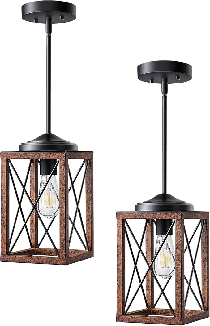 DEWENWILS 2 Pack Farmhouse Pendant Light, Metal Hanging Light Fixture with Wooden Grain Finish, 48 Inch Adjustable Pipes for Flat and Slop Ceiling, Kitchen Island, Bedroom, Dining Hall, ETL Listed