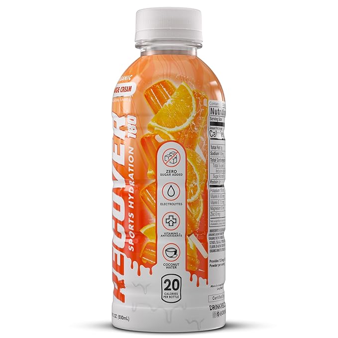 RECOVER 180 Organic Sports Hydration Drink, No Sugar Added, 20 Calorie Sports Beverage, Organic Flavors With Vitamins, Potassium-Packed Electrolytes (16.9 Fl Oz (Pack of 12), Orange Cream)