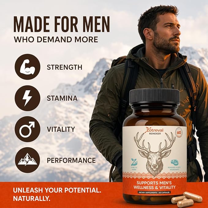 Reindeer Organ Supplement for Men, Arctic Herb & Reindeer Organ Blend, Daily Support for Energy, Stamina & Overall Wellness 60 Capsules