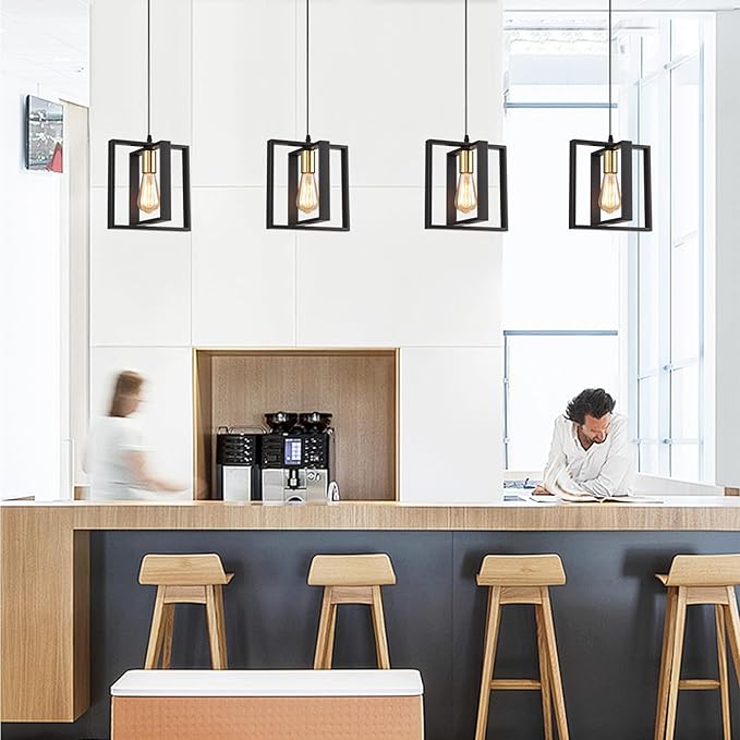 Black Pendant Lights for Kitchen Island Industrial Lantern Pendant Light Fixtures with Golden Lamp Cup, Farmhouse Adjustable Height Hanging Pendant Lighting
