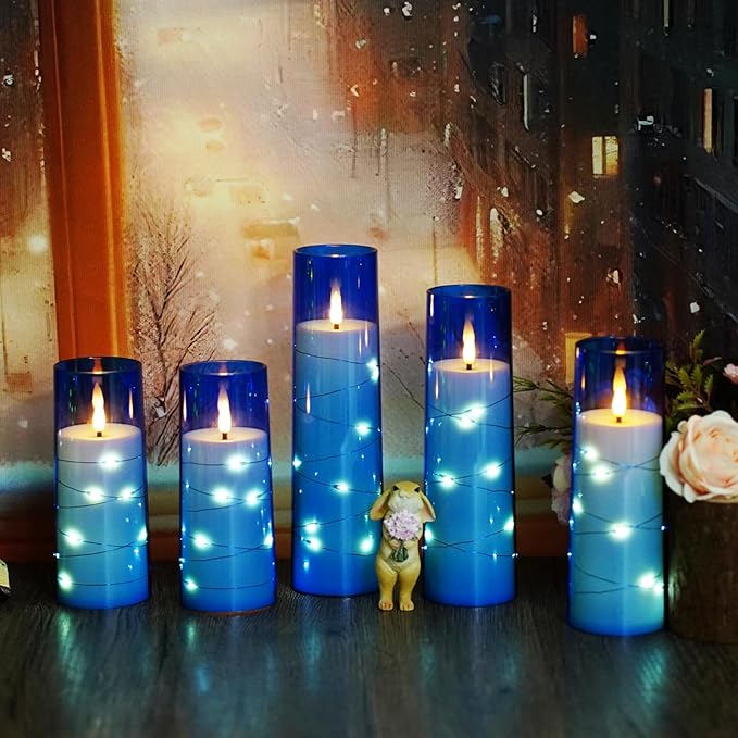 kakoya Flameless LED Candles with Timer 5 Pc Flickering Flameless Candles for Romantic Ambiance and Home Decoration Stable Acrylic Shell,with Embedded Star String,Battery Operated Candles(Blue)