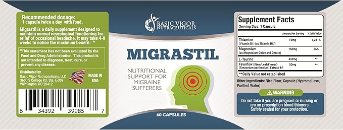 Basic Vigor Migrastil Migraine Support Capsules. Feverfew, Magnesium, Taurine & Vitamin B1 for Migraines Natural Supplement. Made in The USA. Vegan and Gluten Free.
