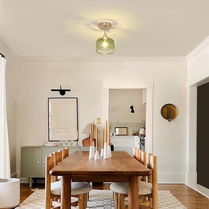 Shenmoyl Pendant Light with Green Striped Glass Lmapshade, Brass Vintage Pendant Light Adjustable Hanging Light for Kitchen Island Dining Room Hallway