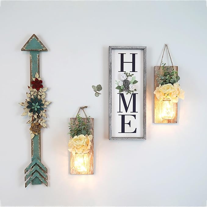 Rustic Wall Decor Set of 2, Modern Farmhouse Decor Living Room for Home Living Room Bedroom Decorations with Rose Bouquet Flowers and Remote LED Fairy Lights (X-Large Brown)