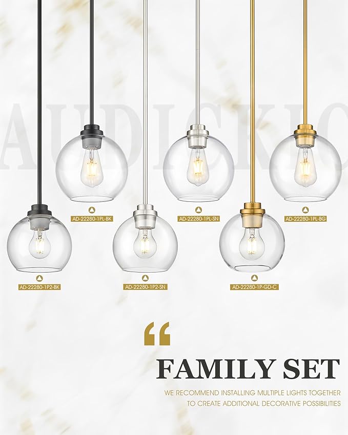Brass Pendant Lights Kitchen Island 2 Pack, Farmhouse Gold Pendant Light with Clear Glass Globe Shade, Kitchen Island Lighting for Dining Room Entryway, AD-22280-1P2-GD-C