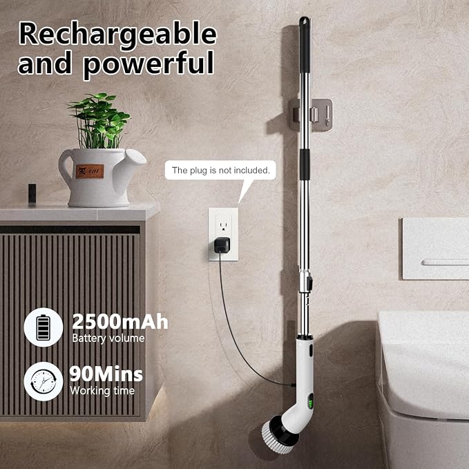 TUYU Electric Spin Scrubber, Full-Body IPX7 Waterproof Bathroom Scrubber,4 Replacement Head for Adjustable Extension Handle Electric Cleaning Brush for Bathroom, Tub, Tile