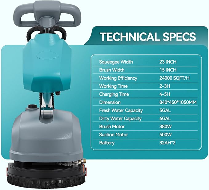 15" Walk Behind Floor Scrubber Machine, 23" Squeegee, 6 Gal Dirty Water Tank Capacity, Floor Scrubber with Brushes, Hard Floor Scrubbers for Office Cafe Boutique Clinic Commercial Tight Space