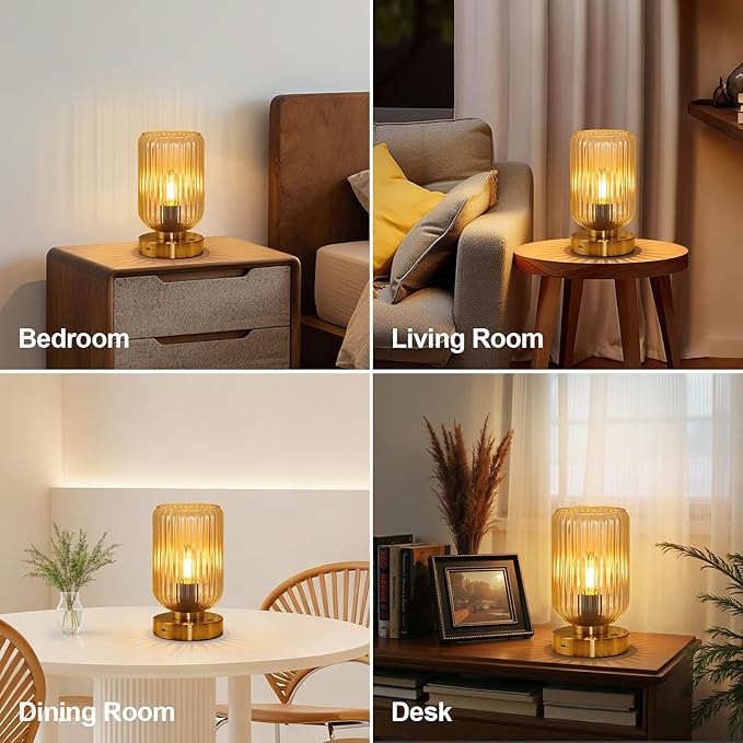 LightRound Table Lamp for Bedroom, Cordless Small Bedside Lamp, Touch Dimmable Rechargeable Lamp Battery Operated with Amber Glass Shades for Night Stands, Living Room, Desk, Bulb Included