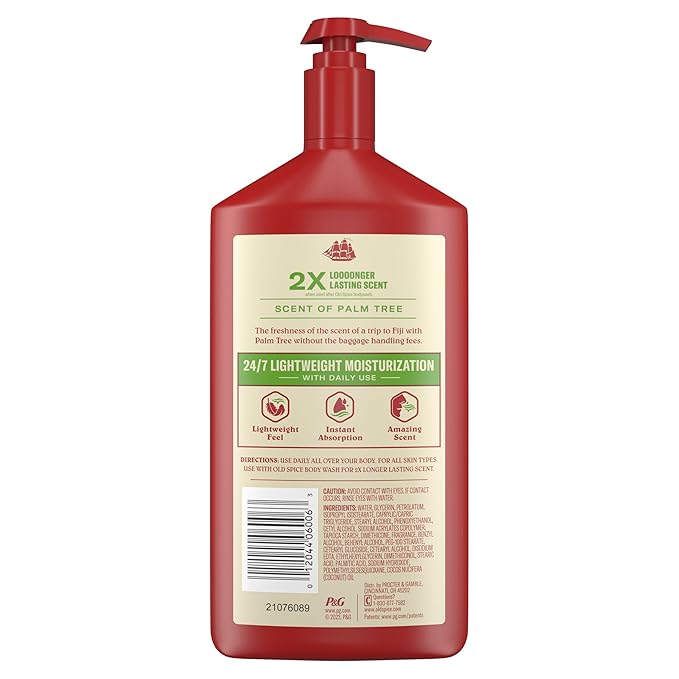 Lotion mains, visage et corps Old Spice pour hommes, hydratation légère 24/7 avec un parfum incroyable, absorption instantanée, pour tous les types de peau, parfum Fiji avec palmier, 473 ml