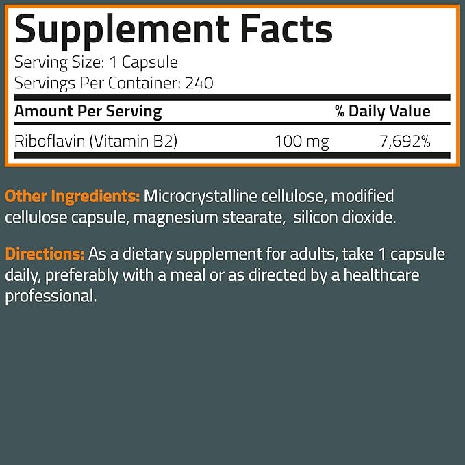 Bronson Vitamin B2 100mg Non-GMO, 240 Vegetarian Capsules