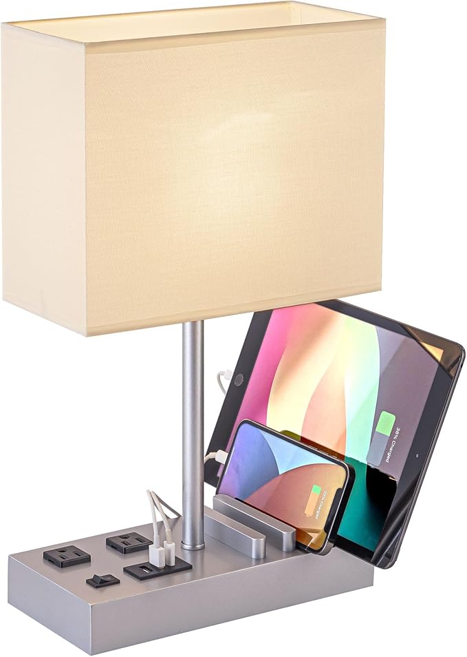 Briever USB Table Lamp, Multi-Functional Desk Lamp with 2 AC Outlets, Bedside Lamp with 3 USB Charging Ports and Wooden Phone Stands, Nightstand Lamp for Bedroom, Livingroom, Office, Silver Woodgrain