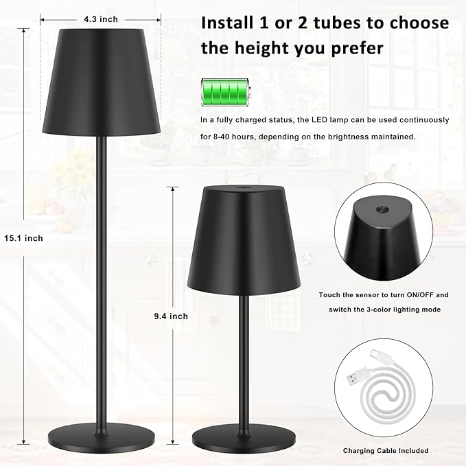 Kakanuo Cordless Table Lamp, 3 Color Stepless Dimming, 5000mAh Rechargeable Battery Powered, Outdoor LED Lamps, for Dining Room, Living Room, Bedroom, Bar, Cafe, Restaurant, Patio, Camping - Black