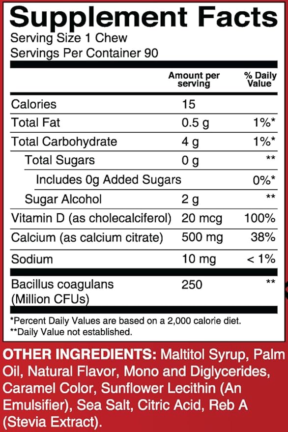 BariatricPal Chews tendres sans sucre au citrate de calcium | 500 mg avec vitamine D et probiotiques | Pomme caramel | 90 comprimés (pour 1 mois)
