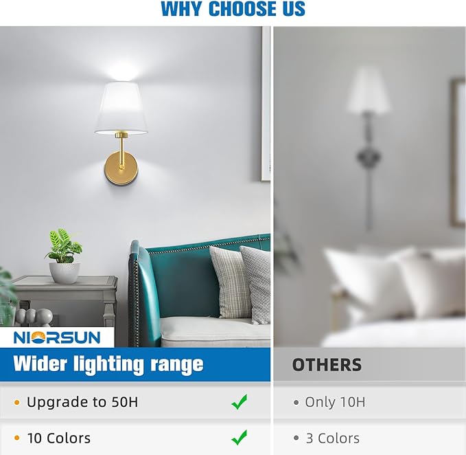 NIORSUN 13.8 inch Battery Operated Wall Sconce Set of 2,Gold Rechargeable Wall Lights with 10400mAh Dimmable Detachable Bulbs and Remote,9 Colors Wireless Sconces for Bedroom Living Room Hallway
