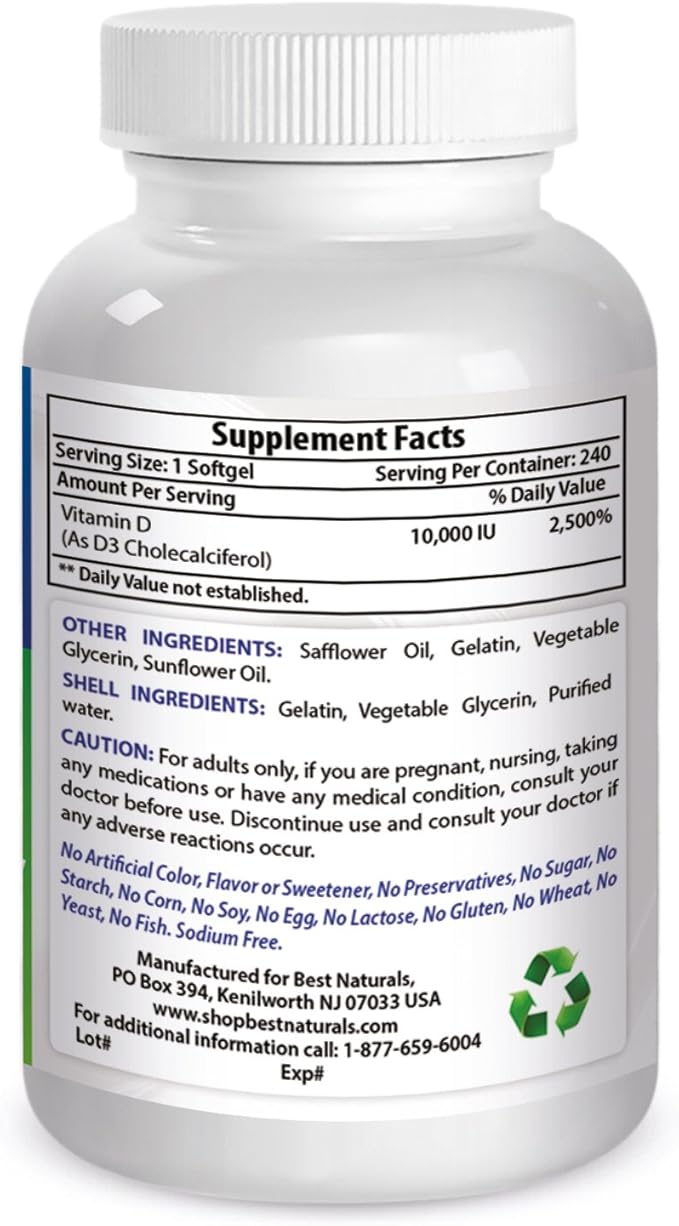 Best Naturals Vitamine D3 10 000 UI, capsule molle, 240 unités
