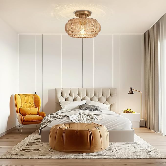 11 in Vintage Mid Century Semi Flush Mount Ceiling Light | Amber Globe Glass Ceiling Light Fixture, Art Deco Lighting fixtures Ceiling for Hallway Porch Bedroom, Bulb Not Included