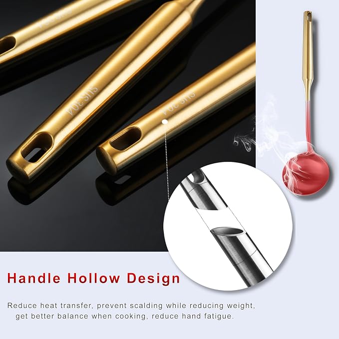 Gold Kitchen Utensils for Cooking 13 PCS Stainless Steel, Solid Slotted Spoon, Fork, Spatula, Ladle, Skimmer, Slotted Tunner, Spaghetti Large Spoon, Meat Fork, Masher, Whisk, Tongs
