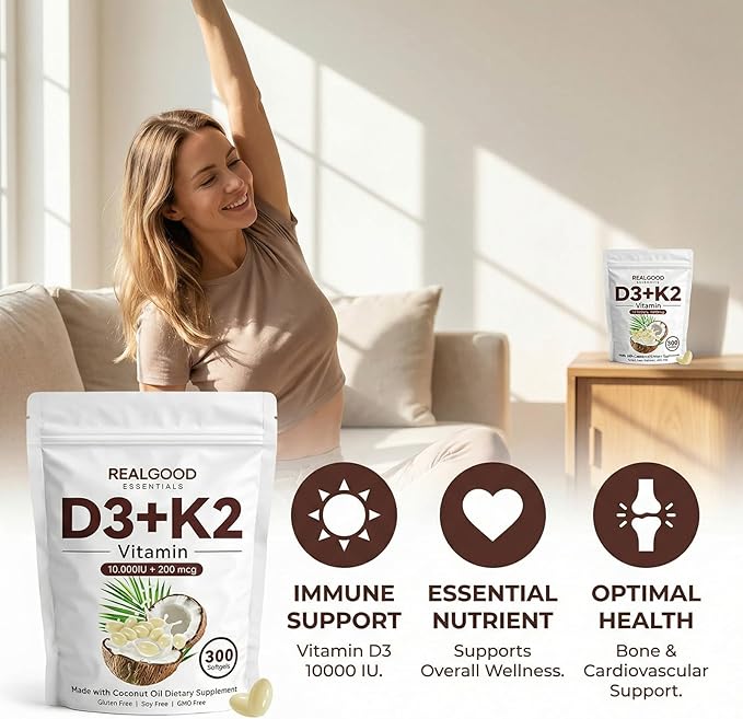 Real Good Essentials Vitamin D3 K2, D3 K2 Vitamin 10000 Iu, Extra Strength 2-In-1 D&K Complex with Virgin Coconut Oil, Free Of Gmo, Gluten, Soy, Bone Health, Supports Calcium Absorption, 300 Softgels