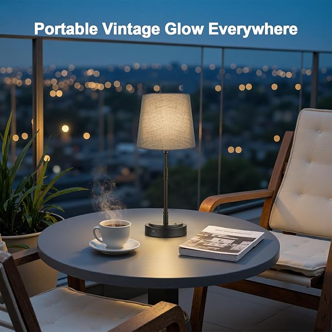 Cordless Table Lamps Set of 2 – Battery Operated Lamp with 7500mAh Rechargeable Battery, Stepless Dimmable Black Lamps with Grey Shade, Wireless Lamps for Dining Room & Nightstand (Bulbs Included)
