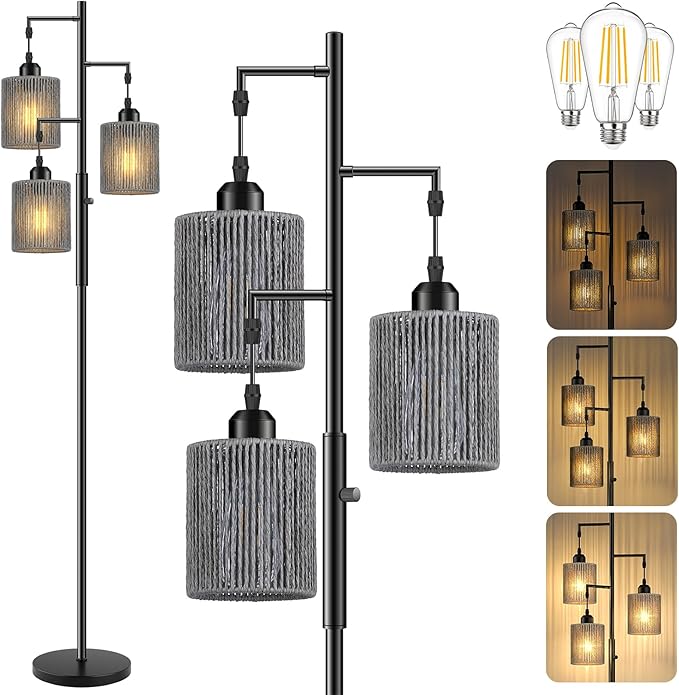 Hotsonic 72" Tall Boho Rattan Style Floor Lamp with Hand-Woven Paper Cord Shade, Dimmable Industrial Tree Standing Lamp for Living Room, Bedroom, Study Room, Office (3 x 800LM Bulbs Included) - Black