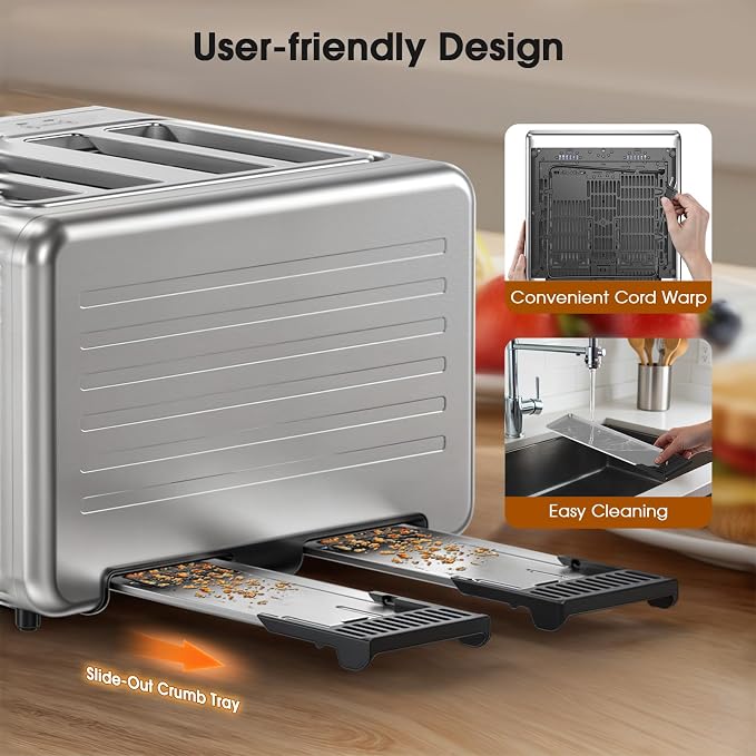 Smart Toaster 4 Slice with Dual Touchscreen & Independent Controls, 1800W Stainless Steel, Wide Slots for 6 Bread Types & Toast Settings,Single-Slice Modes, Defrost, Reheat