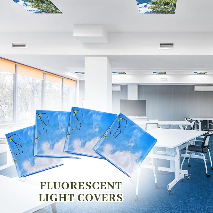 Hortsun 12 Pcs Fluorescent Light Covers Bulk, 4 x 2 ft Magnetic Fluorescent Drop Ceiling Lighting Covers Light Filter Shade for Home, Office, Hospital, School Classroom Decoration(Sky and Leaves)