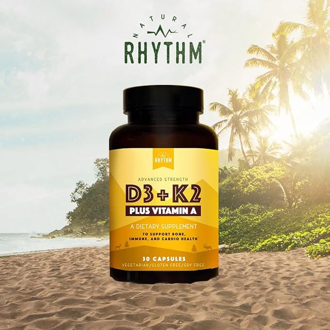 Natural Rhythm ビタミンD3 5000 IU + K2 MK-7 プラス ビタミンA – 骨と免疫サポートサプリメント、カルシウム吸収と心血管機能をサポート、ベジタリアンカプセル (30粒)