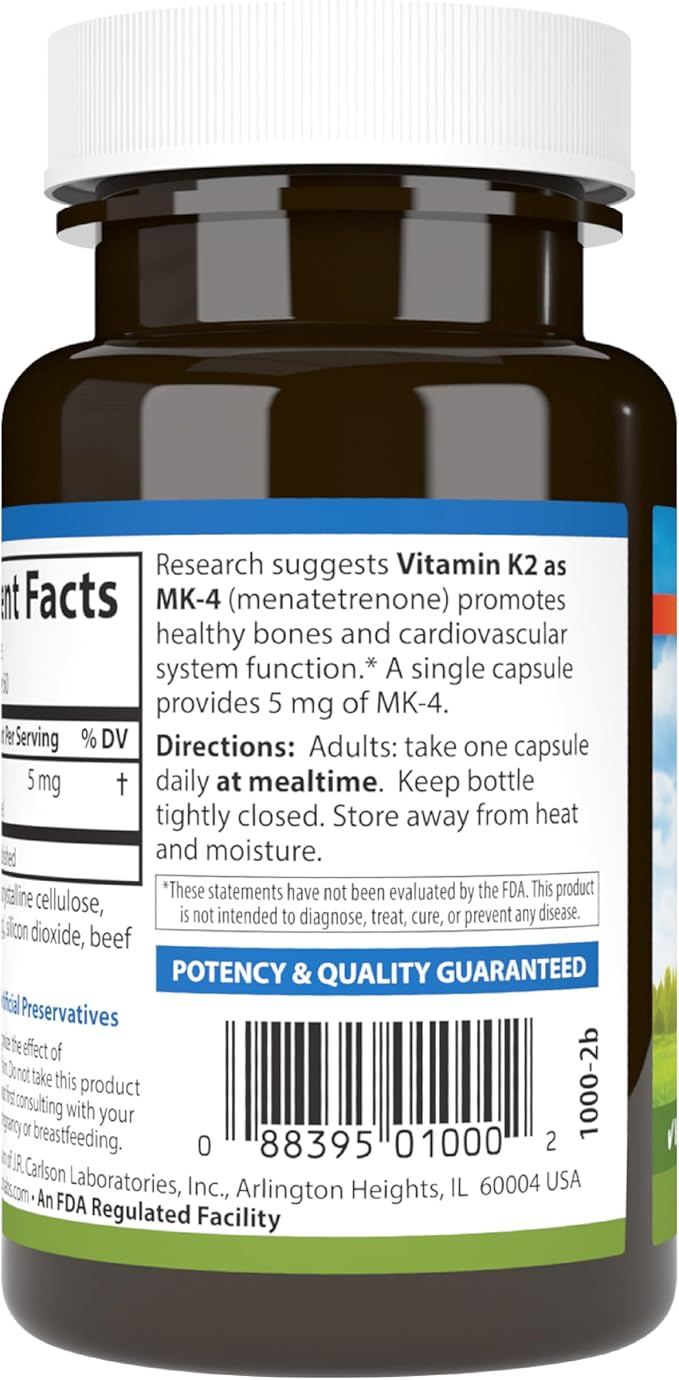 Carlson - Vitamine K2, MK-4 (Ménatétrénone), Supplément de Vitamine K, Santé Osseuse et Cardiaque, Vitamine K2, Sans Soja, 60 gélules
