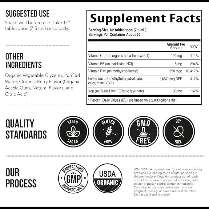 Liquid Iron Supplement | Organic Certified, Berry Flavor - Whole Food Vitamin C Absorption Boost & Blood Building B Vitamins - Methyl B12, L-Methylfolate & B6 - Supports Healthy Iron Levels - 7.6 oz