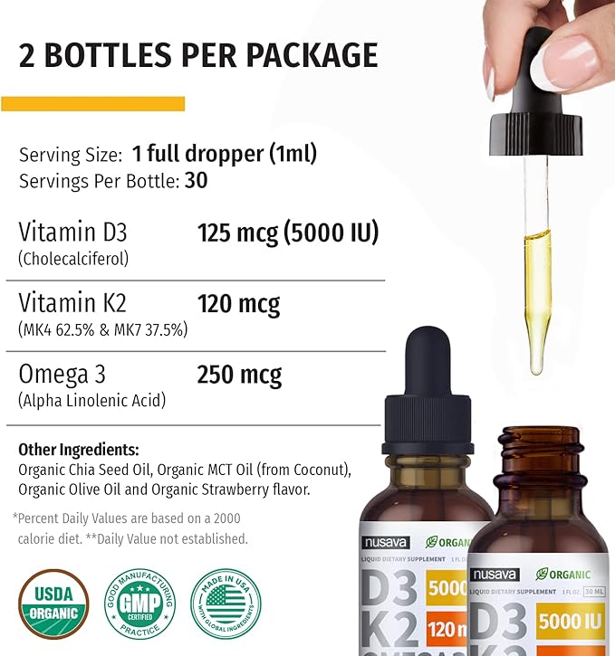 NUSAVA Strawberry Flavored D3 K2 Liquid Drops and Vanilla Flavored D3 K2 Liquid Drops Bundle - Potent Liquid Vitamins for Heart, Joint, Bone, Muscle, & Immune Support - Non-GMO, Gluten-Free, 2pk Each