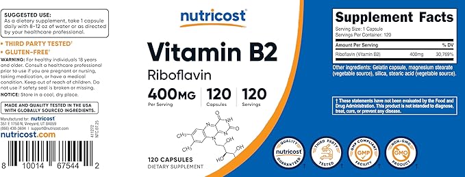 Nutricost ビタミンB2 (リボフラビン) 400mg, 120カプセル (2ボトル)