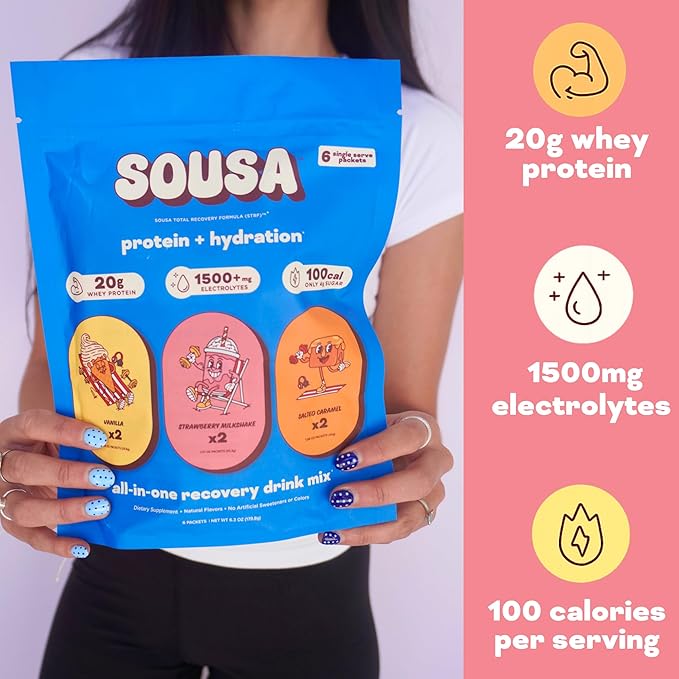 Sousa Protein + Hydration Total Recovery Formula, 20g Protein, 1500mg Electrolytes, Vitamins C, B3, B6, B12, 14 Servings (Strawberry Milkshake)
