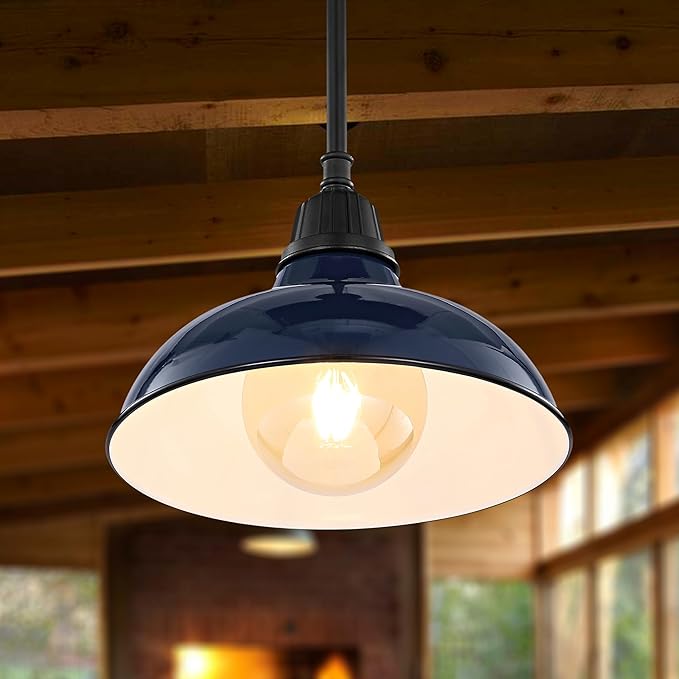 JONATHAN Y 12.25" Navy/Black 1-Light Farmhouse Indoor/Outdoor LED Pendant Iron Hanging Light, and Black Metal Shade, Rustic Ceiling Lamp for Kitchen Island, LED Bulb Included (JYL7611C)