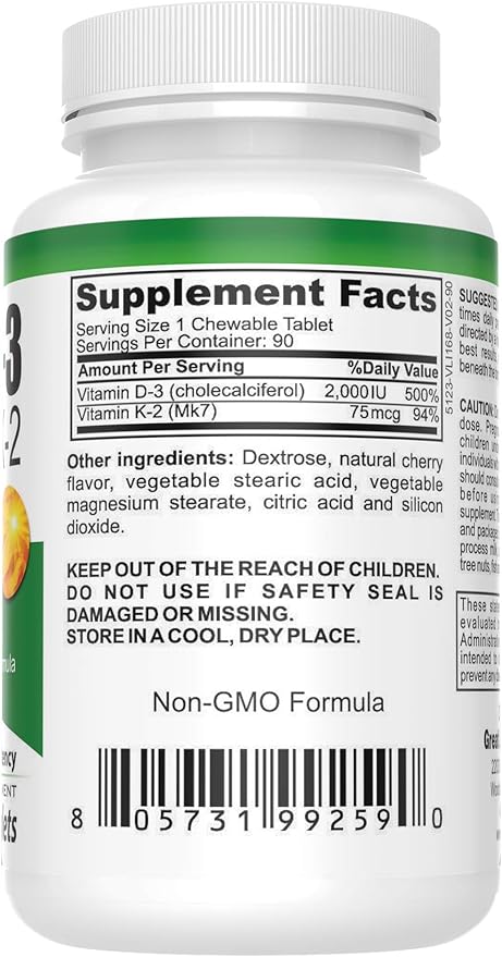 Complément de Vitamine D3 et Vitamine K2 à croquer pour Hommes et Femmes, 90 comprimés à croquer