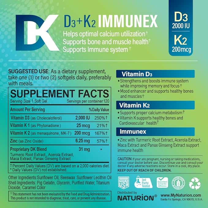 D3+K2 IMMUNEX – Vitamine D3 2000 UI, K1 25 mcg, K2 200 mcg, Zinc 6,25 mg, Mélange DK 31 mg – Soutient la santé immunitaire, le métabolisme du calcium, la fonction osseuse et musculaire – 120 gélules, approvisionnement de 120 jours