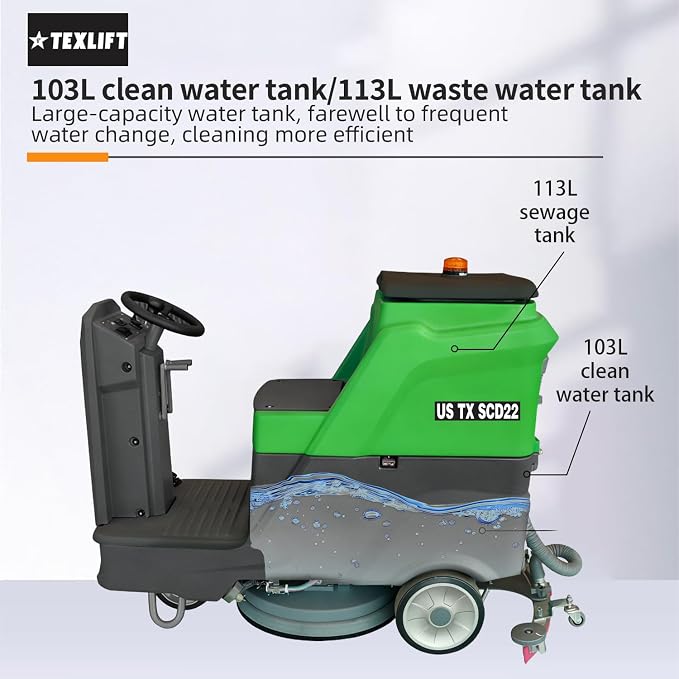 Ride-On Commercial Floor Scrubber Machine, 22″ Cleaning Width, 24V Battery Powered Scrubber Dryer with 21 Gal Tank for Warehouse, Retail & Facility Cleaning (US-TX-SCD22)